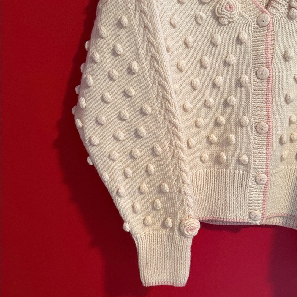 Berek Handknit 100% Wool Cardigan Sweater Made in Uruguay- Cream w/ Pink Trim - Picture 4 of 7
